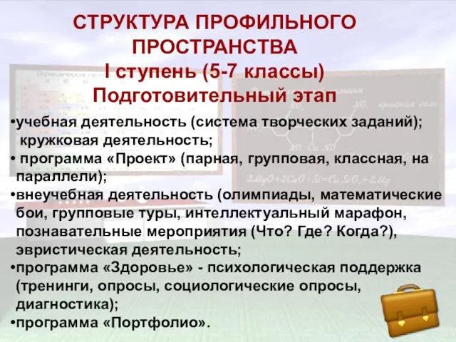 СТРУКТУРА ПРОФИЛЬНОГО ПРОСТРАНСТВА I ступень (5-7 классы) Подготовительный этап СТРУКТУРА ПРОФИЛЬНОГО ПРОСТРАНСТВА