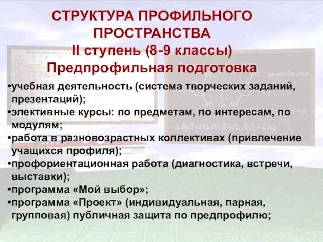 СТРУКТУРА ПРОФИЛЬНОГО ПРОСТРАНСТВА II ступень (8-9 классы) Предпрофильная подготовка СТРУКТУРА ПРОФИЛЬНОГО ПРОСТРАНСТВА