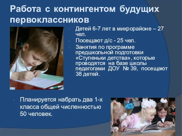 Работа с контингентом будущих первоклассников Детей 6-7 лет в микрорайоне – 27