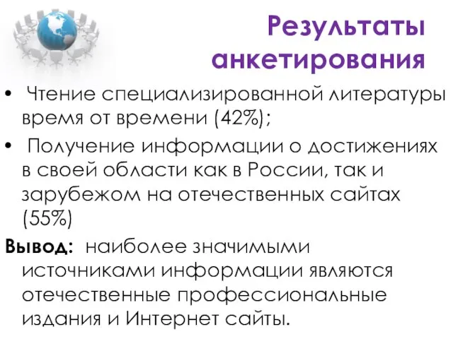 Результаты анкетирования Чтение специализированной литературы время от времени (42%); Получение информации о