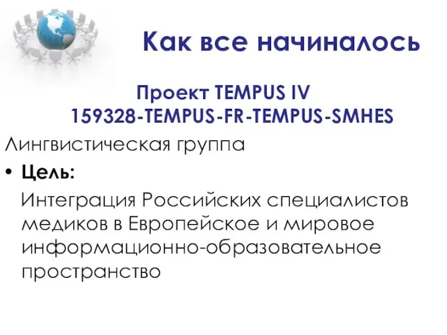 Как все начиналось Проект TEMPUS IV 159328-TEMPUS-FR-TEMPUS-SMHES Лингвистическая группа Цель: Интеграция Российских