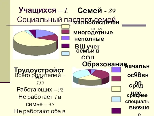 Учащихся – 133 Социальный паспорт семей малообеспеченные многодетные неполные ВШ учет семьи