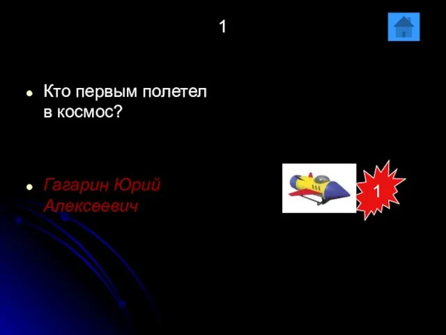 1 Кто первым полетел в космос? Гагарин Юрий Алексеевич 1