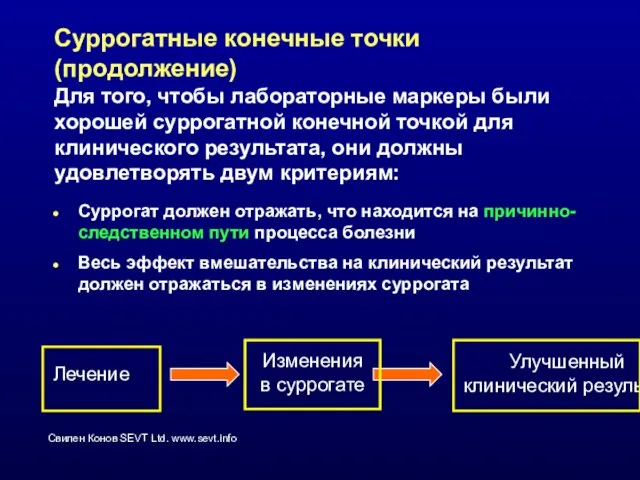 Суррогатные конечные точки (продолжение) Для того, чтобы лабораторные маркеры были хорошей суррогатной