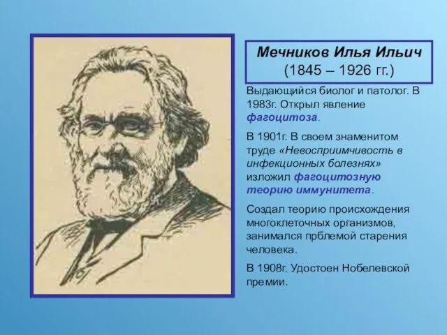 Мечников Илья Ильич (1845 – 1926 гг.) Выдающийся биолог и патолог. В