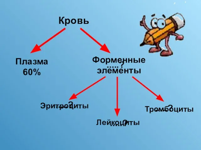 Кровь Плазма 60% .....? .....? .....? .....? Форменные элементы Эритроциты Лейкоциты Тромбоциты