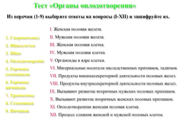 Тест «Органы оплодотворения» Из перечня (1-9) выберите ответы на вопросы (I-XII) и