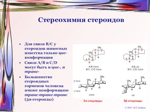 Стереохимия стероидов Для связи B/C у стероидов животных известна только цис-конформация Связи