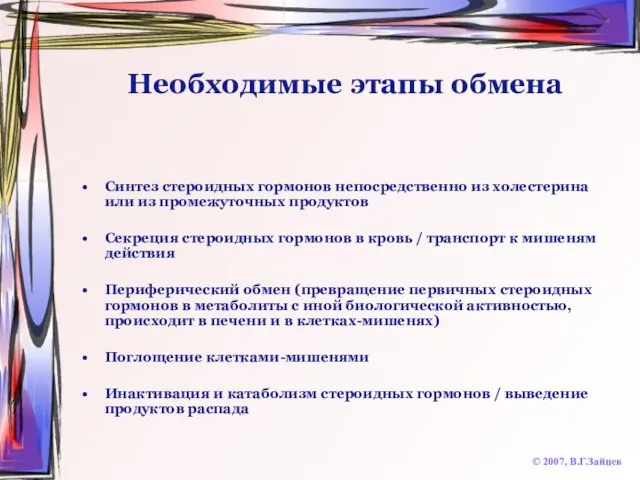 Необходимые этапы обмена Синтез стероидных гормонов непосредственно из холестерина или из промежуточных