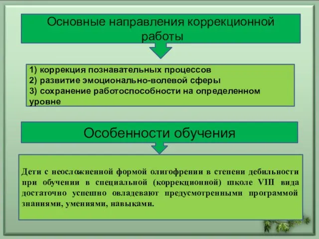 Основные направления коррекционной работы Особенности обучения 1) коррекция познавательных процессов 2) развитие