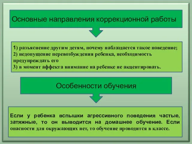 Основные направления коррекционной работы Особенности обучения 1) разъяснение другим детям, почему наблюдается