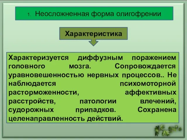 Характеризуется диффузным поражением головного мозга. Сопровождается уравновешенностью нервных процессов.. Не наблюдается психомоторной