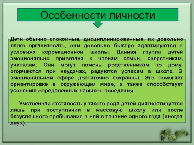 Особенности личности Дети обычно спокойные, дисциплинированные, их довольно легко организовать, они довольно