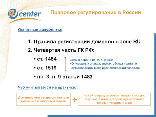 Правовое регулирование в России 1. Правила регистрации доменов в зоне RU Основные