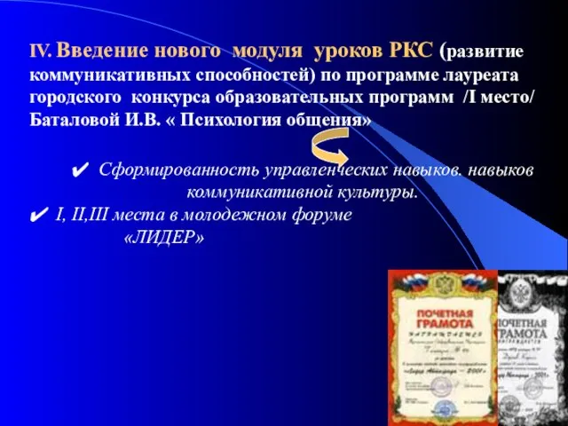 IV. Введение нового модуля уроков РКС (развитие коммуникативных способностей) по программе лауреата