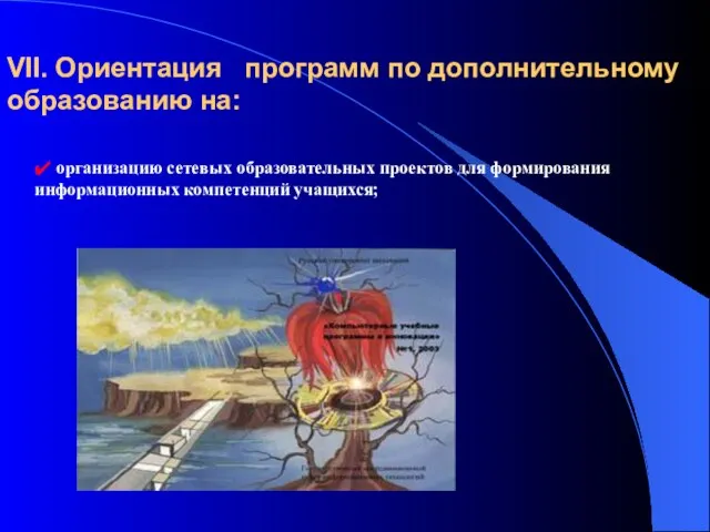 VII. Ориентация программ по дополнительному образованию на: ✔ организацию сетевых образовательных проектов