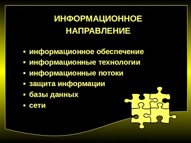 ИНФОРМАЦИОННОЕ НАПРАВЛЕНИЕ информационное обеспечение информационные технологии информационные потоки защита информации базы данных сети