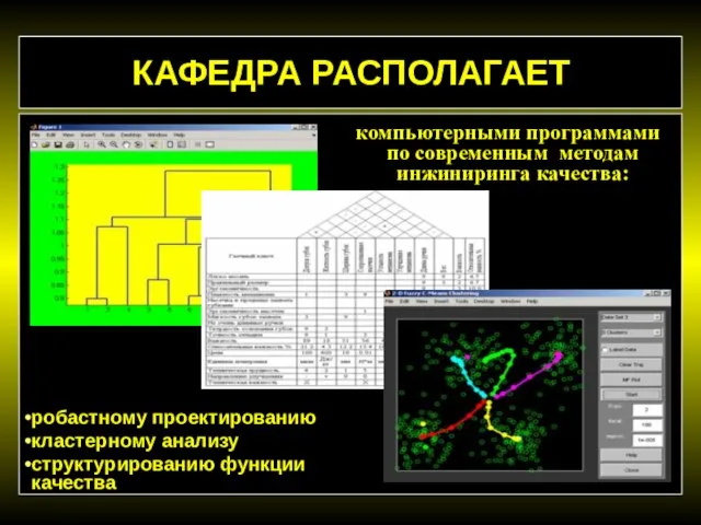 компьютерными программами по современным методам инжиниринга качества: робастному проектированию кластерному анализу структурированию функции качества КАФЕДРА РАСПОЛАГАЕТ