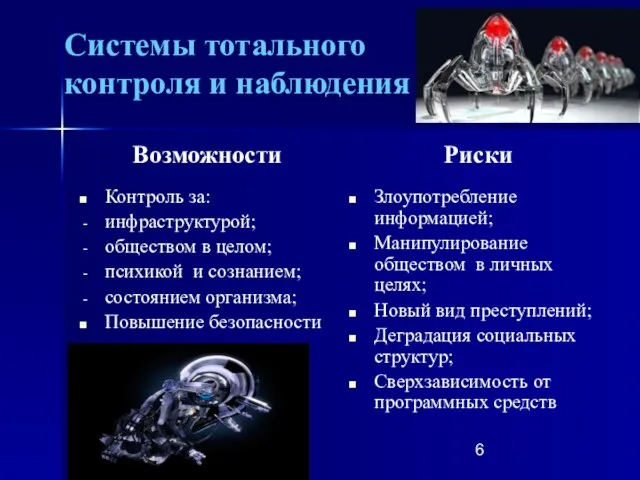 Системы тотального контроля и наблюдения Возможности Контроль за: инфраструктурой; обществом в целом;