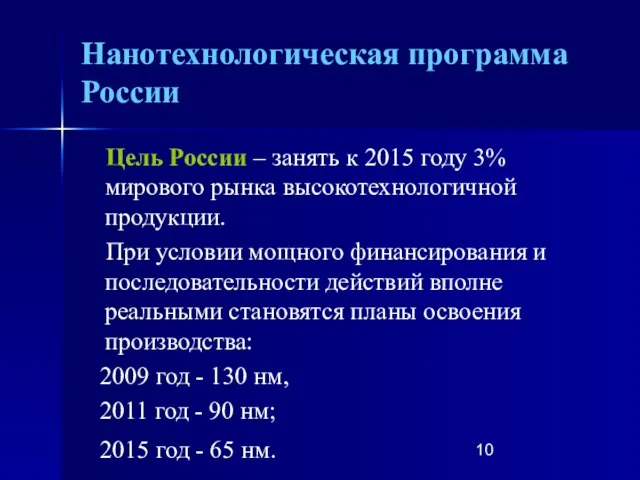 Нанотехнологическая программа России Цель России – занять к 2015 году 3% мирового