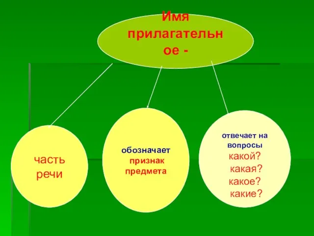 Имя прилагательное - часть речи обозначает признак предмета отвечает на вопросы какой? какая? какое? какие?