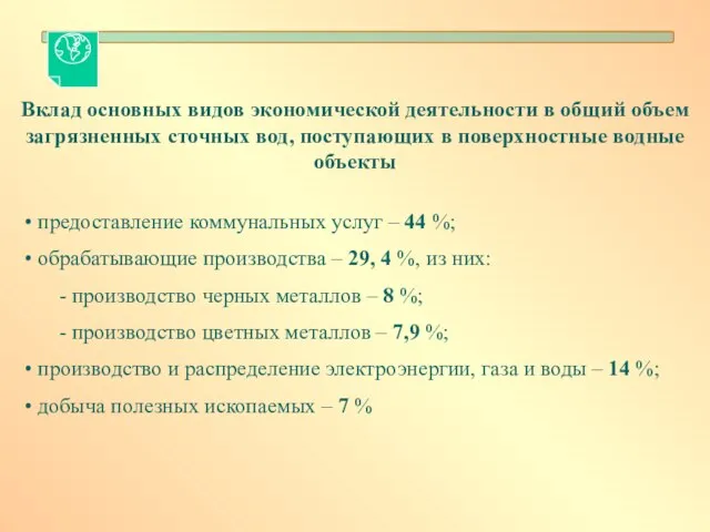 Вклад основных видов экономической деятельности в общий объем загрязненных сточных вод, поступающих