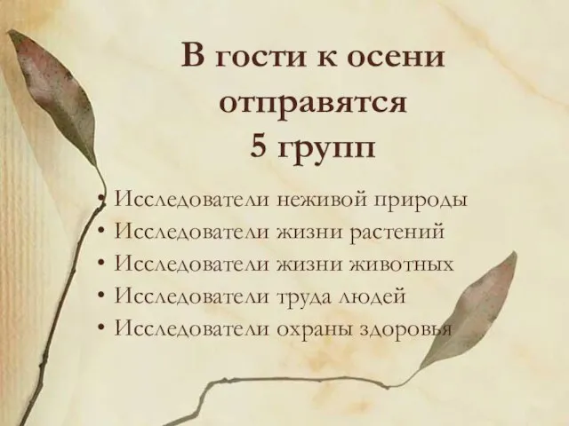 В гости к осени отправятся 5 групп Исследователи неживой природы Исследователи жизни