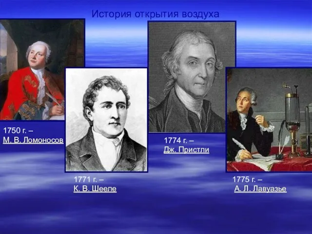 История открытия воздуха 1750 г. – М. В. Ломоносов 1775 г. –