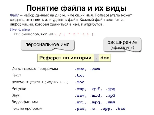 Понятие файла и их виды Файл – набор данных на диске, имеющий