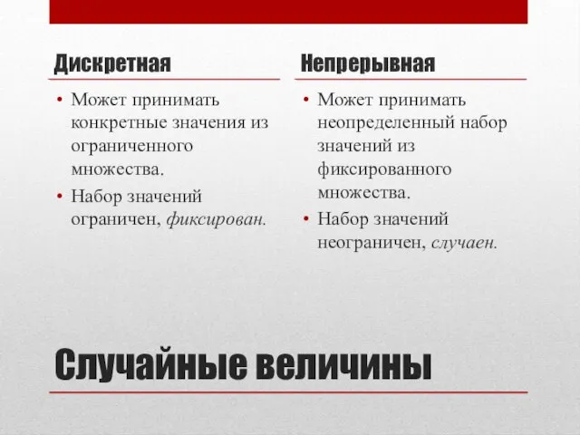 Случайные величины Дискретная Может принимать конкретные значения из ограниченного множества. Набор значений