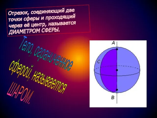 Отрезок, соединяющий две точки сферы и проходящий через её центр, называется ДИАМЕТРОМ