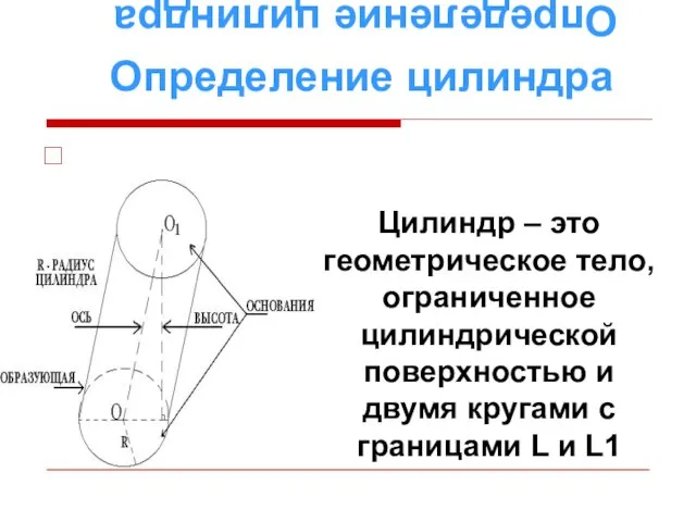 Определение цилиндра Определение цилиндра Цилиндр – это геометрическое тело, ограниченное цилиндрической поверхностью