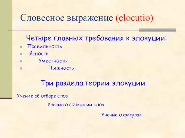 Словесное выражение (elocutio) Четыре главных требования к элокуции: Правильность Ясность Уместность Пышность