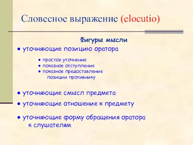 Словесное выражение (elocutio) Фигуры мысли уточняющие позицию оратора простое уточнение показное отступление