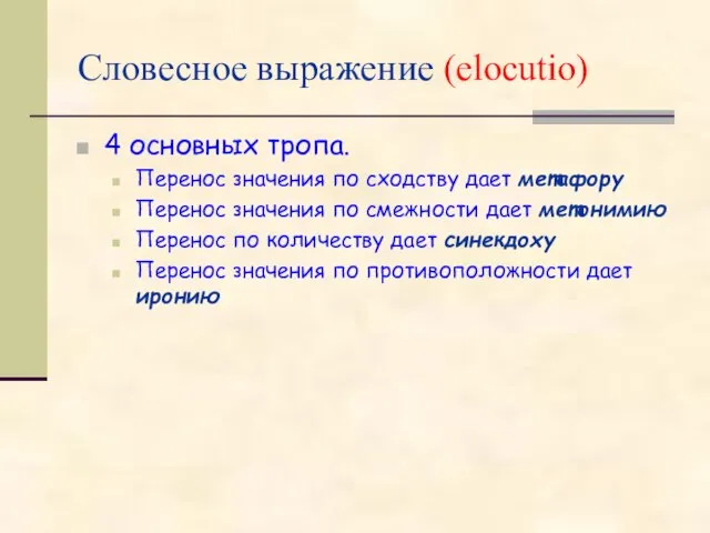 Словесное выражение (elocutio) 4 основных тропа. Перенос значения по сходству дает метафору