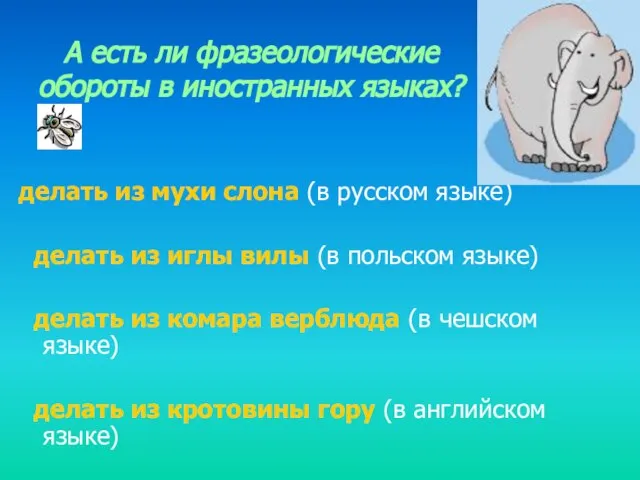 А есть ли фразеологические обороты в иностранных языках? делать из мухи слона