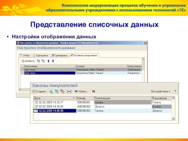 Представление списочных данных Настройки отображения данных