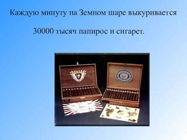 Каждую минуту на Земном шаре выкуривается 30000 тысяч папирос и сигарет.