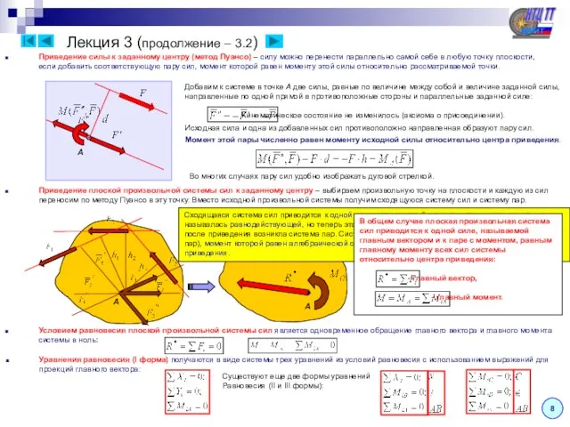 Лекция 3 (продолжение – 3.2) Приведение силы к заданному центру (метод Пуансо)