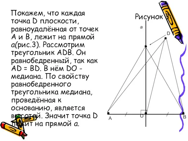Рисунок 3: Покажем, что каждая точка D плоскости, равноудалённая от точек А