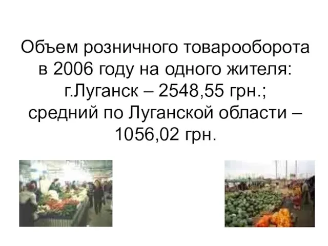 Объем розничного товарооборота в 2006 году на одного жителя: г.Луганск – 2548,55