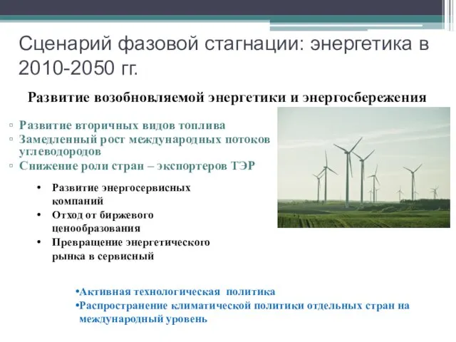 Сценарий фазовой стагнации: энергетика в 2010-2050 гг. Развитие вторичных видов топлива Замедленный