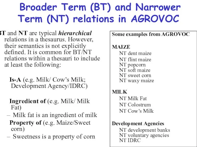 Broader Term (BT) and Narrower Term (NT) relations in AGROVOC BT and