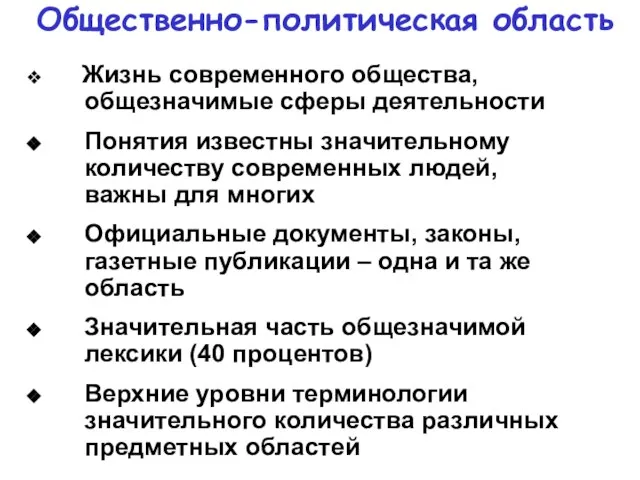 Общественно-политическая область Жизнь современного общества, общезначимые сферы деятельности Понятия известны значительному количеству