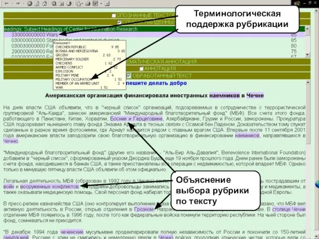 Терминологическая поддержка рубрикации Объяснение выбора рубрики по тексту