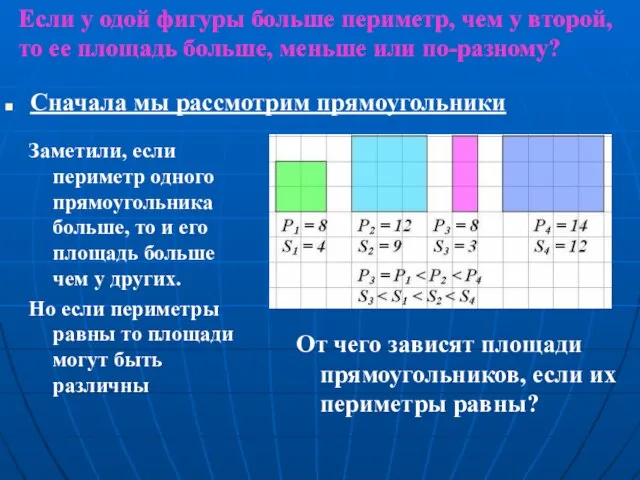 Если у одой фигуры больше периметр, чем у второй, то ее площадь