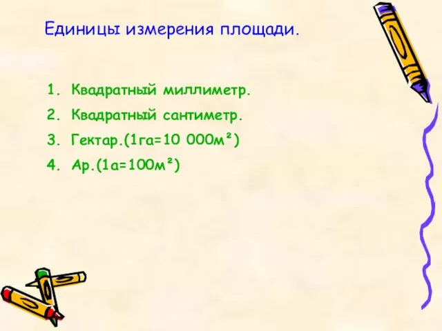 Единицы измерения площади. Квадратный миллиметр. Квадратный сантиметр. Гектар.(1га=10 000м²) Ар.(1а=100м²)