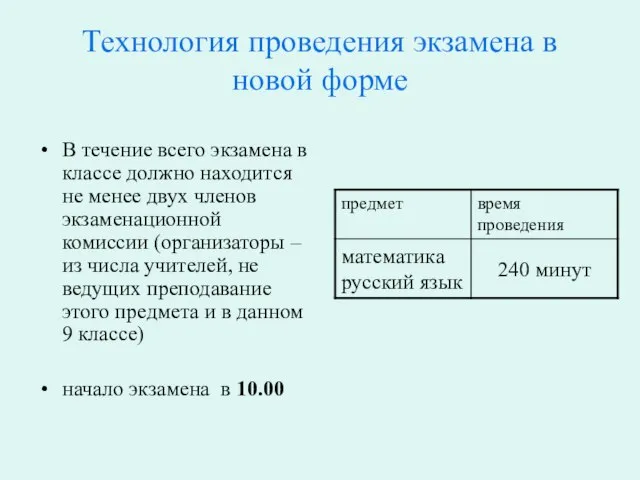 Технология проведения экзамена в новой форме В течение всего экзамена в классе