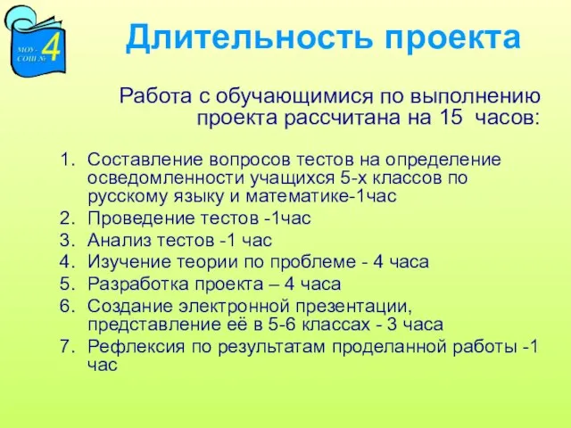 Длительность проекта Работа с обучающимися по выполнению проекта рассчитана на 15 часов: