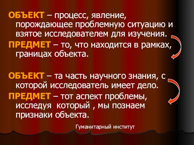 ОБЪЕКТ – процесс, явление, порождающее проблемную ситуацию и взятое исследователем для изучения.